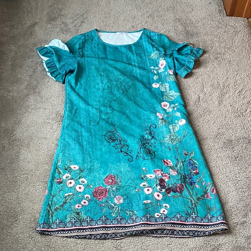 IT Teal Floral Ruffle Sleeve Shift Dress Boho Tunic SIZE M